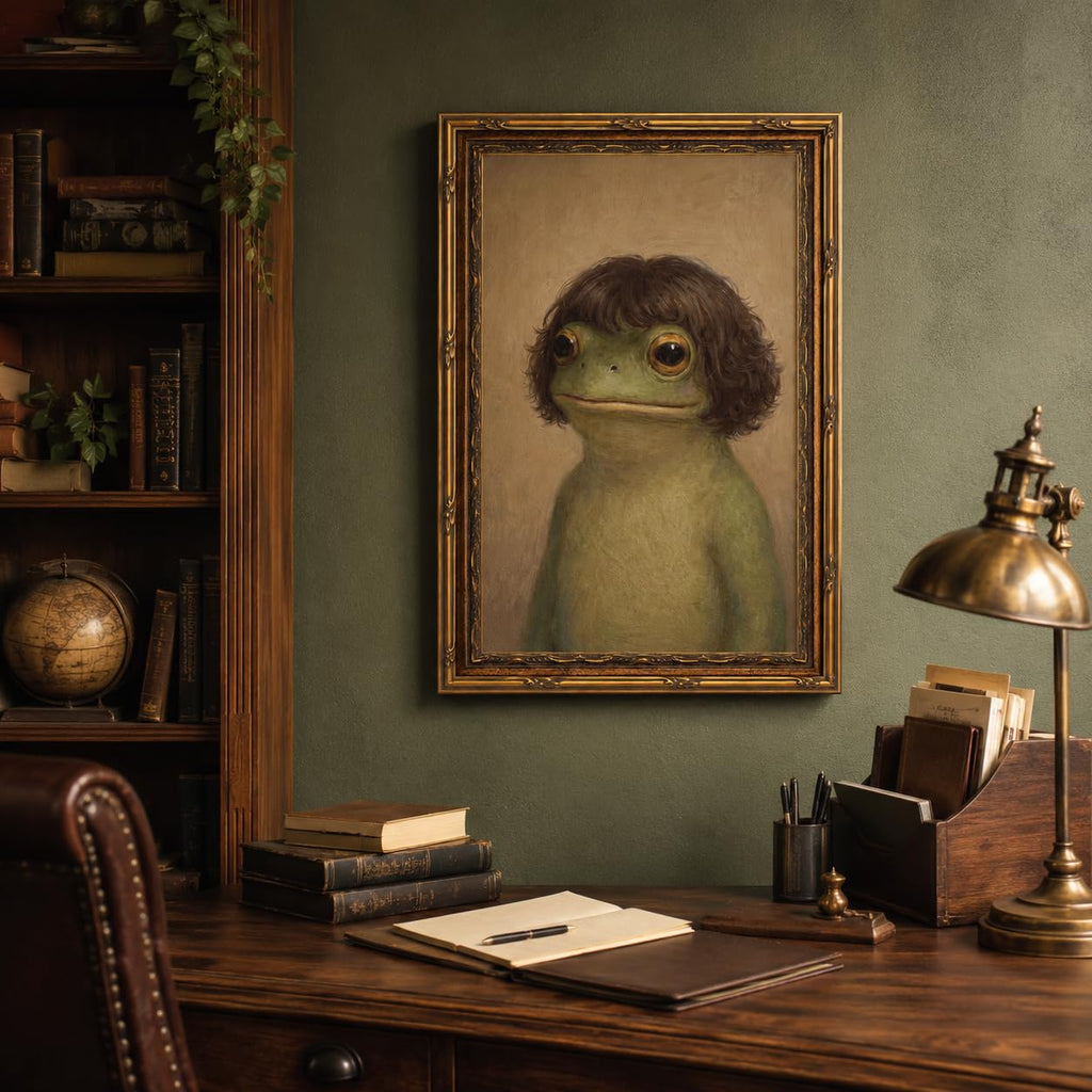 Gold Framed Funny Frog Portrait Wall Art, Quirky Canvas Print, 24x16
