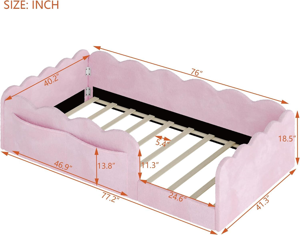 Upholstered Floor Bed with Guardrail, Montessori Kids Bed Frame with Round Fence, Pink