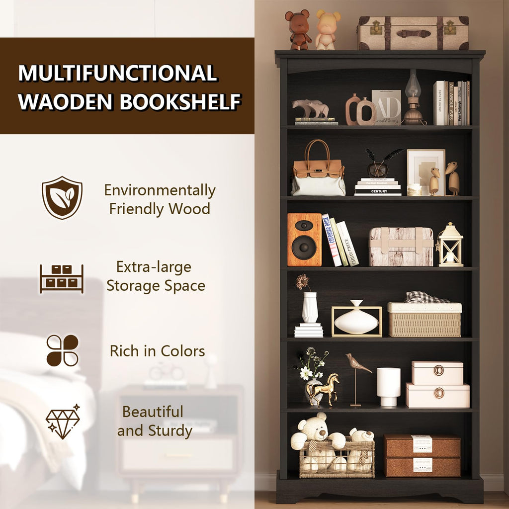 6-Tier Wooden Bookshelf, 76 Inch Tall Bookshelf with Storage, Floor Standing Modern Style Display Bookcase, Study