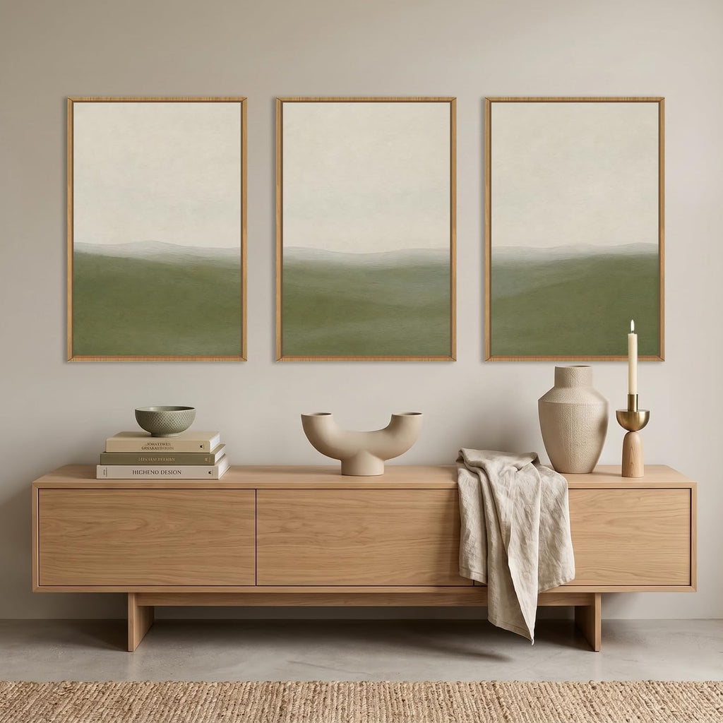 Sage Green Abstract Landscape Framed Canvas Wall Art Set, Watercolor Neutral Minimalist Mountain Wall Decor, Natural