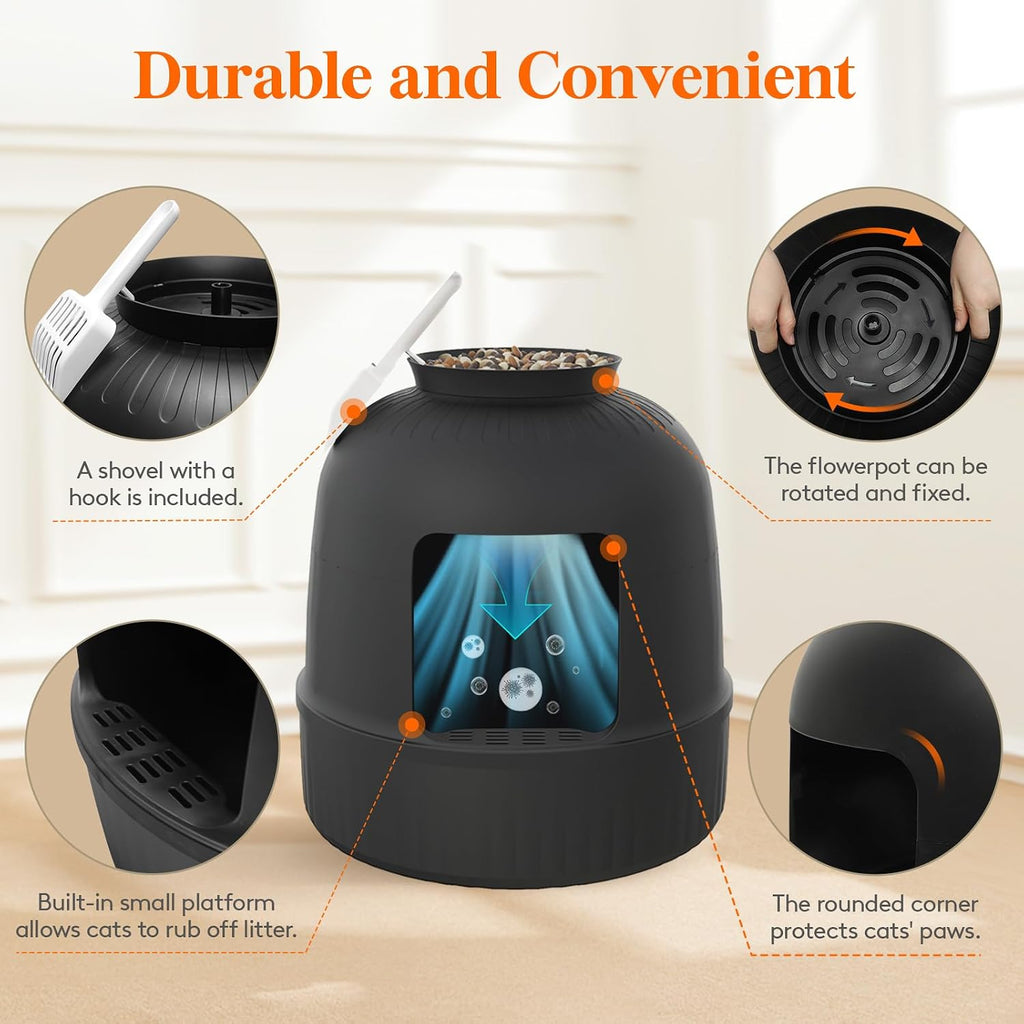 Hidden Plant Cat Litter Box with Plastic Scoop, Black