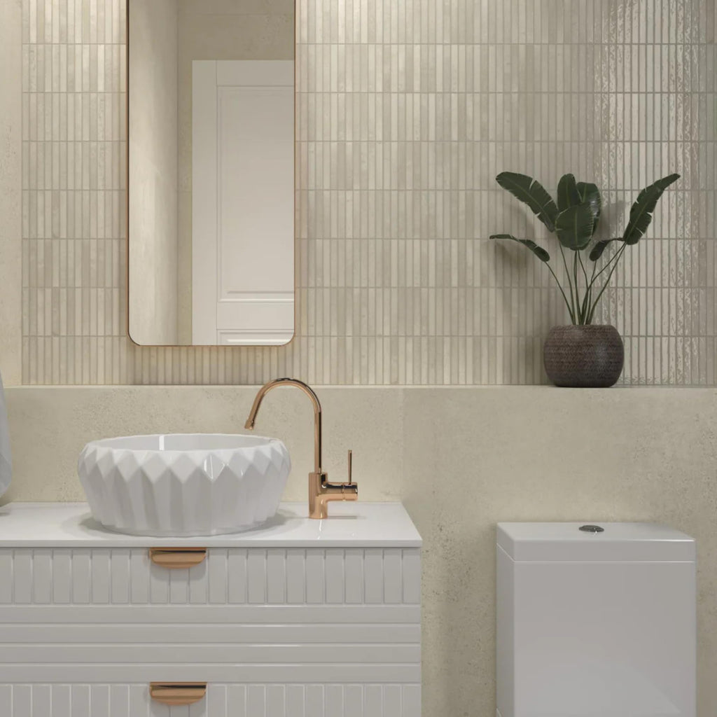 Scandia Glossy Ivory 4.5x9 Ribbed Porcelain Wall Tile, 3D KitKat Fluted Decorative Tile Backsplash, Bathroom, Shower