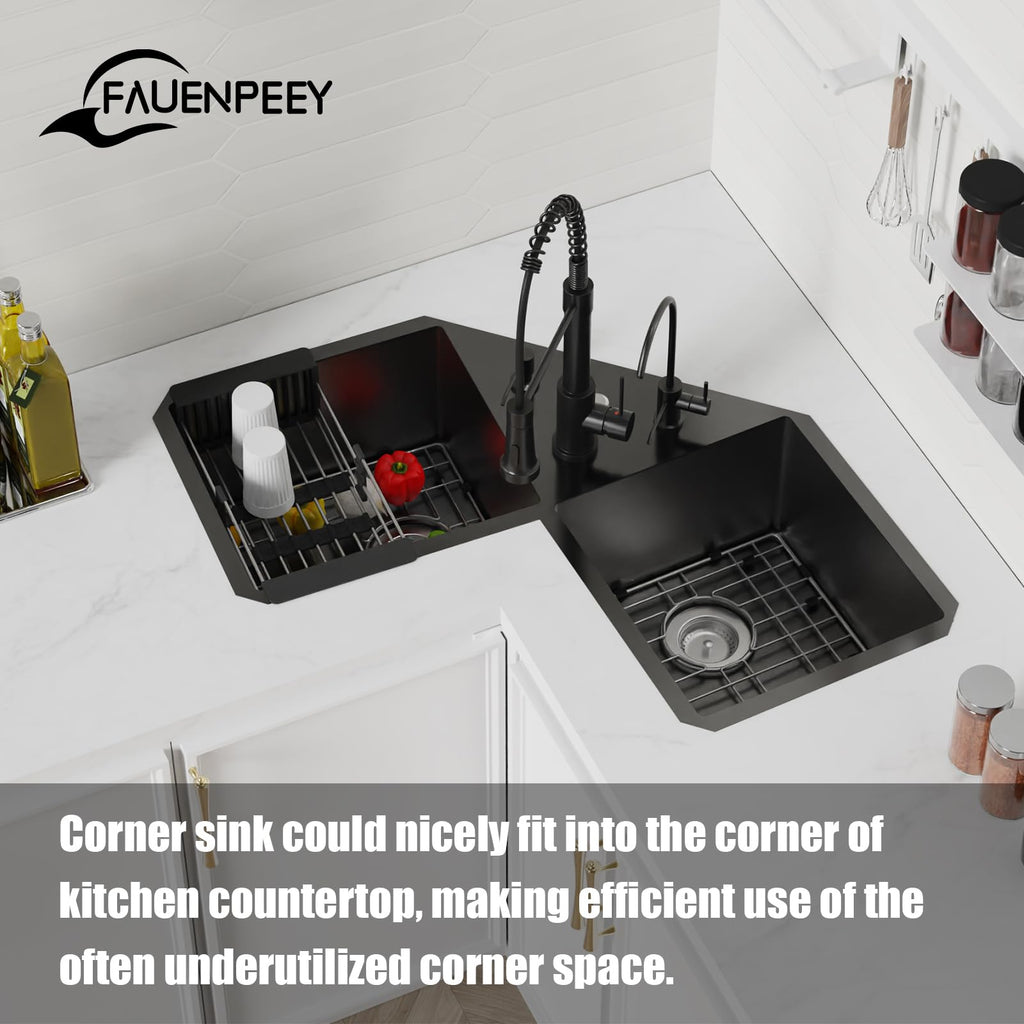 32.5Inch Black Corner Stainless Steel Kitchen Sink, Undermount, Double Bowl