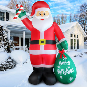 8FT Christmas Inflatable Santa Claus with Candy and Big Gift Bag Outdoor Decoration, Built-in Led Lights Blow Up Xmas