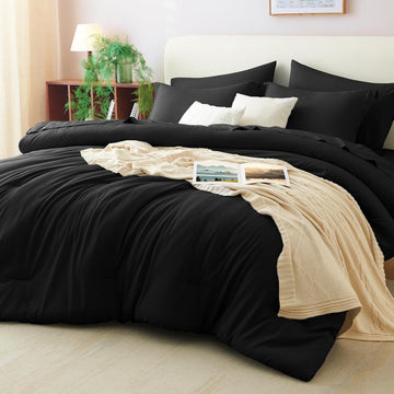 Comforter Set Black, 7 Pieces Bed in a Bag Soft Bedding Comforter Set with Sheets