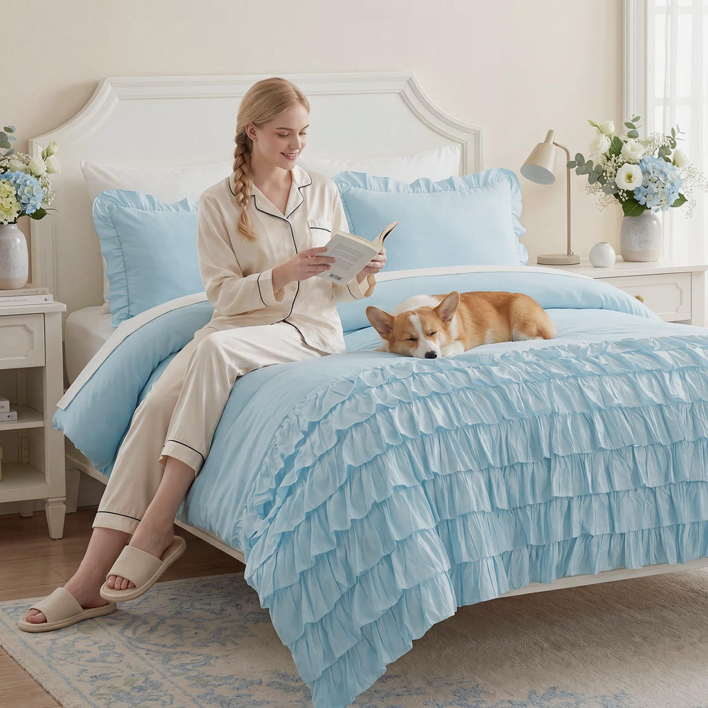 100% Cotton Duvet Cover Set Blue Ruffle Bedding Set Multi-Layers Ruffled Design Duvet Cover 3Pcs Soft Breathable