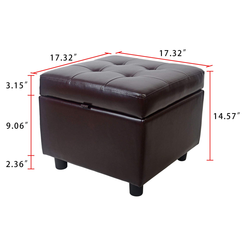 Tufted Leather Square Flip Top Storage Ottoman Cube Foot Rest (Brown with Storage)