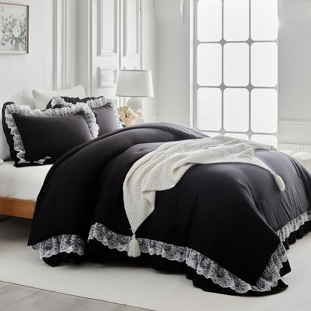 Queen Size Comforter Set Black, 3pcs Lace Ruffled Bedding Comforter Set, Microfiber Vintage Gothic Boho Chic Bedding