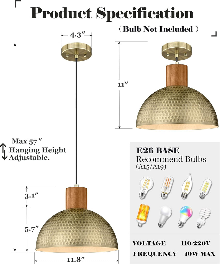 Vintage Pendant Light Fixtures, 12" Brushed Brass Hammered Metal & Rubber Wood Industrial Dome Hanging Lamp, Antique