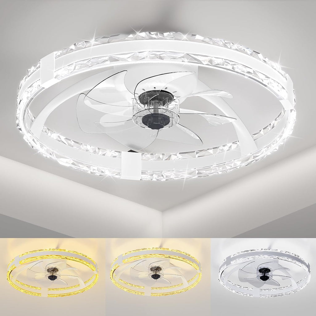 Ceiling Fans with Lights and Remote, 20'' Low Profile Flush Mount Ceiling Fan with 6 Speeds & 3 Color Temperature, 3000-6500K Dimmable Led Fandelier for Bedroom Livingroom, White A101-B0DZSHVVTZ