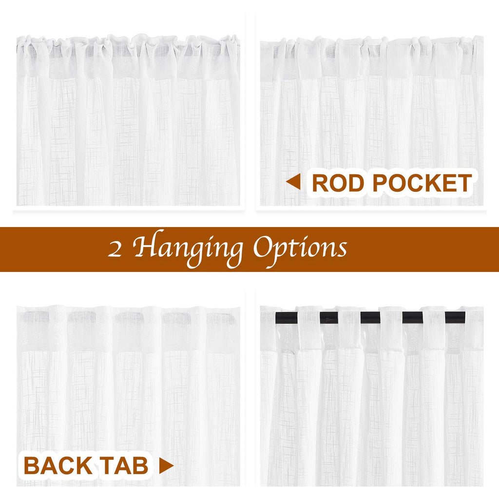 White Faux Linen Sliding Door Curtains 90 inches Long, Rod Pocket & Back Tab Semi Sheer Window Treatments Privacy