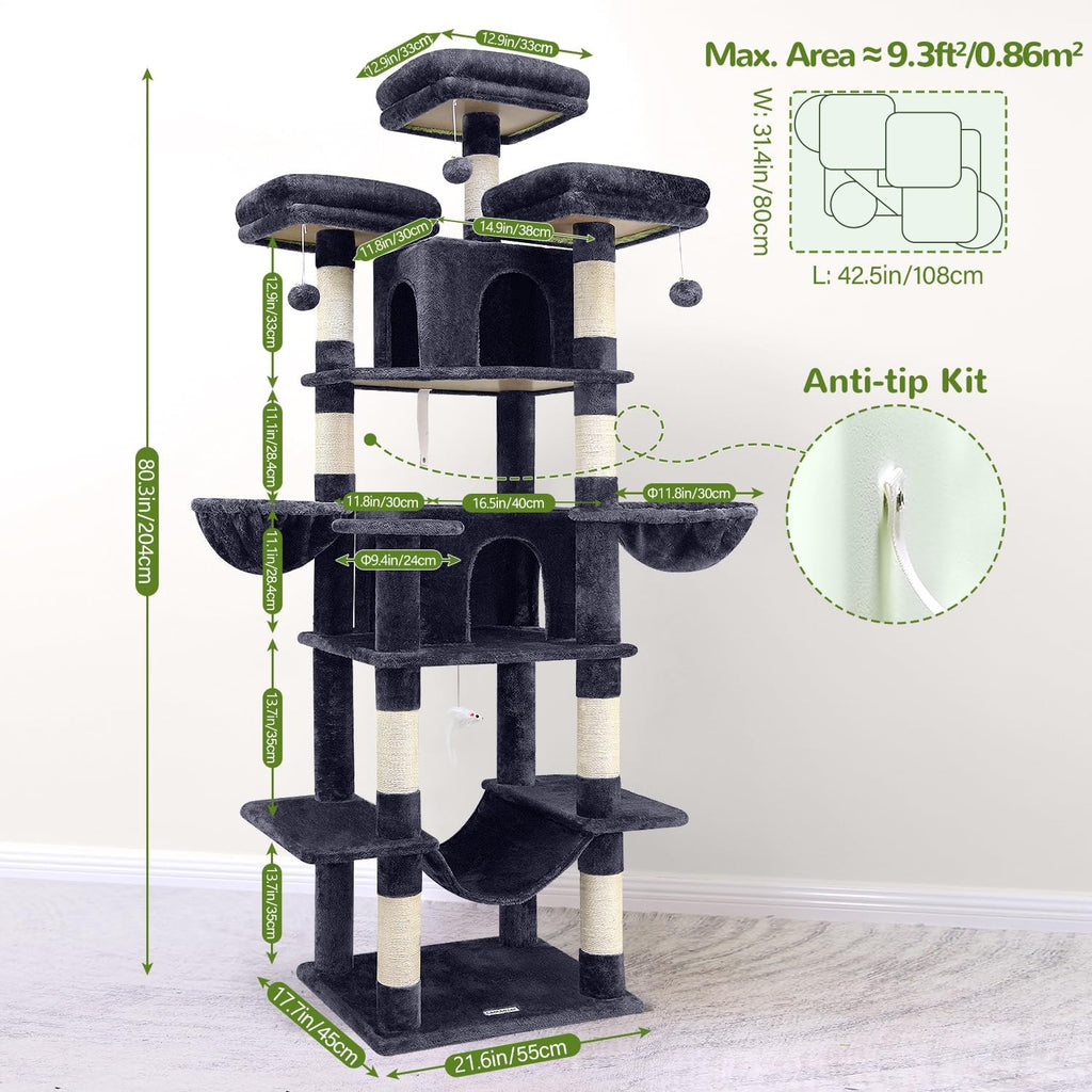 Big XXL Cat Tower for Indoor Multiple Cats, Dark Grey