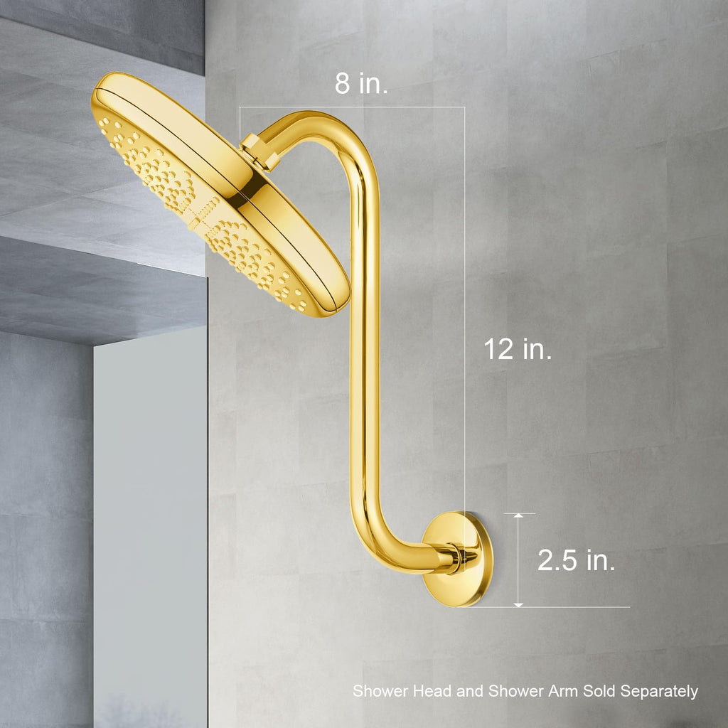 Shower Head Extension Arm 12 in, Bright Gold S Shaped Shower Arm with Flange High Rise Goose Neck Shower Arm Extension