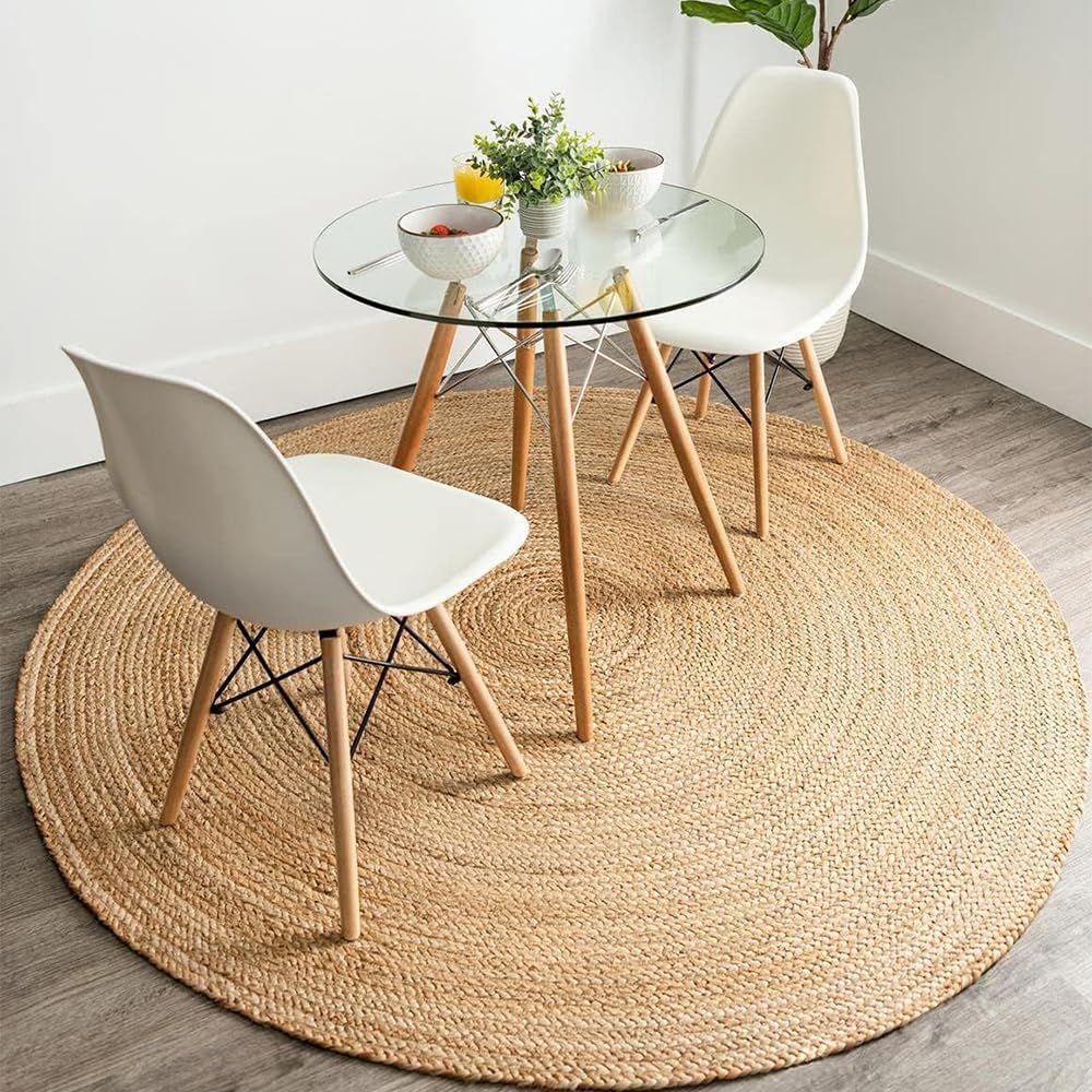 Round Jute Area Rug 6ft Natural Fiber Handwoven Boho Farmhouse Jute Area Rug Soft Braided Reversible