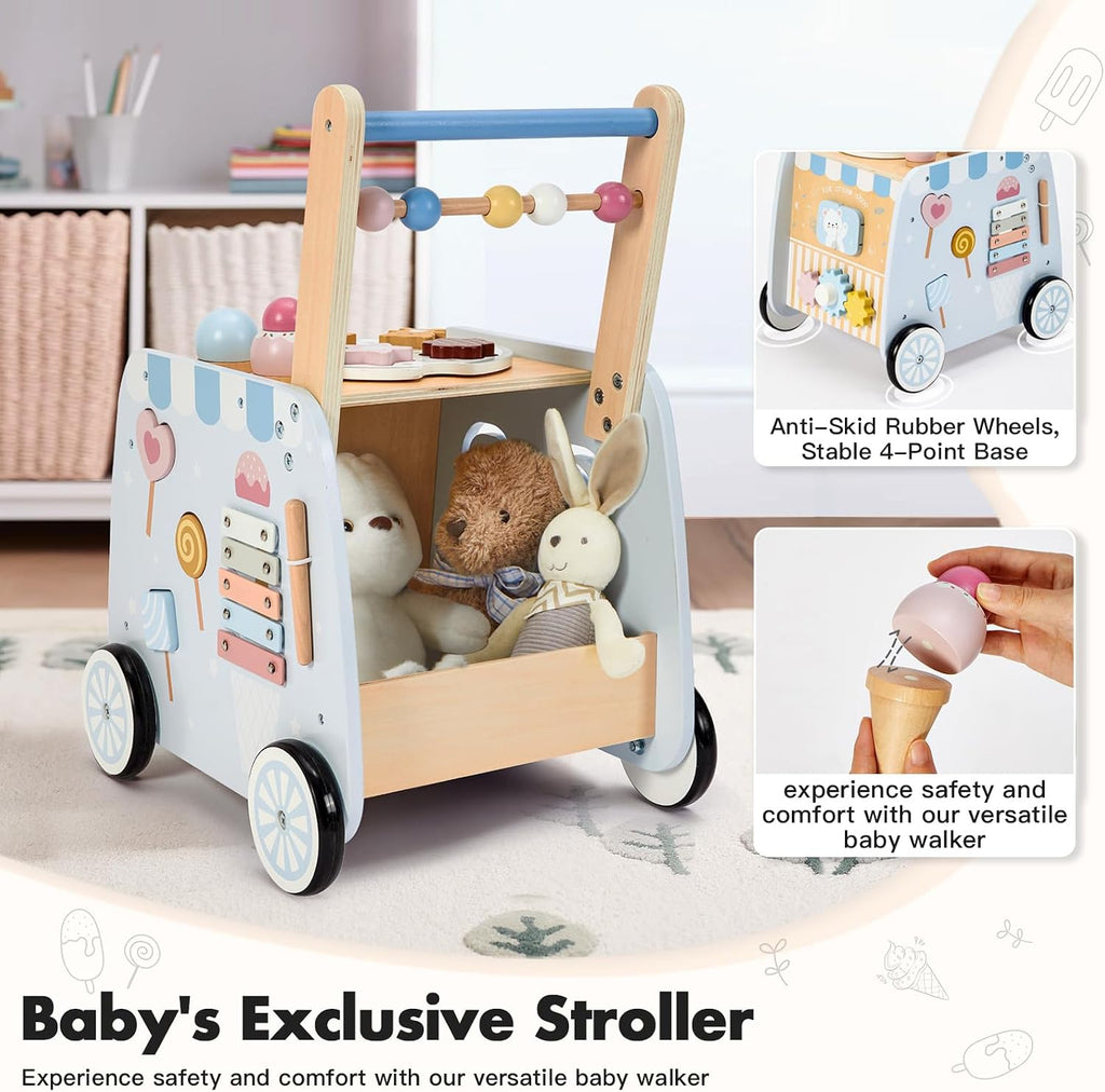 Wooden Baby Walker, Multifunctional Ice Cream Cart, Push Walker with Wheels