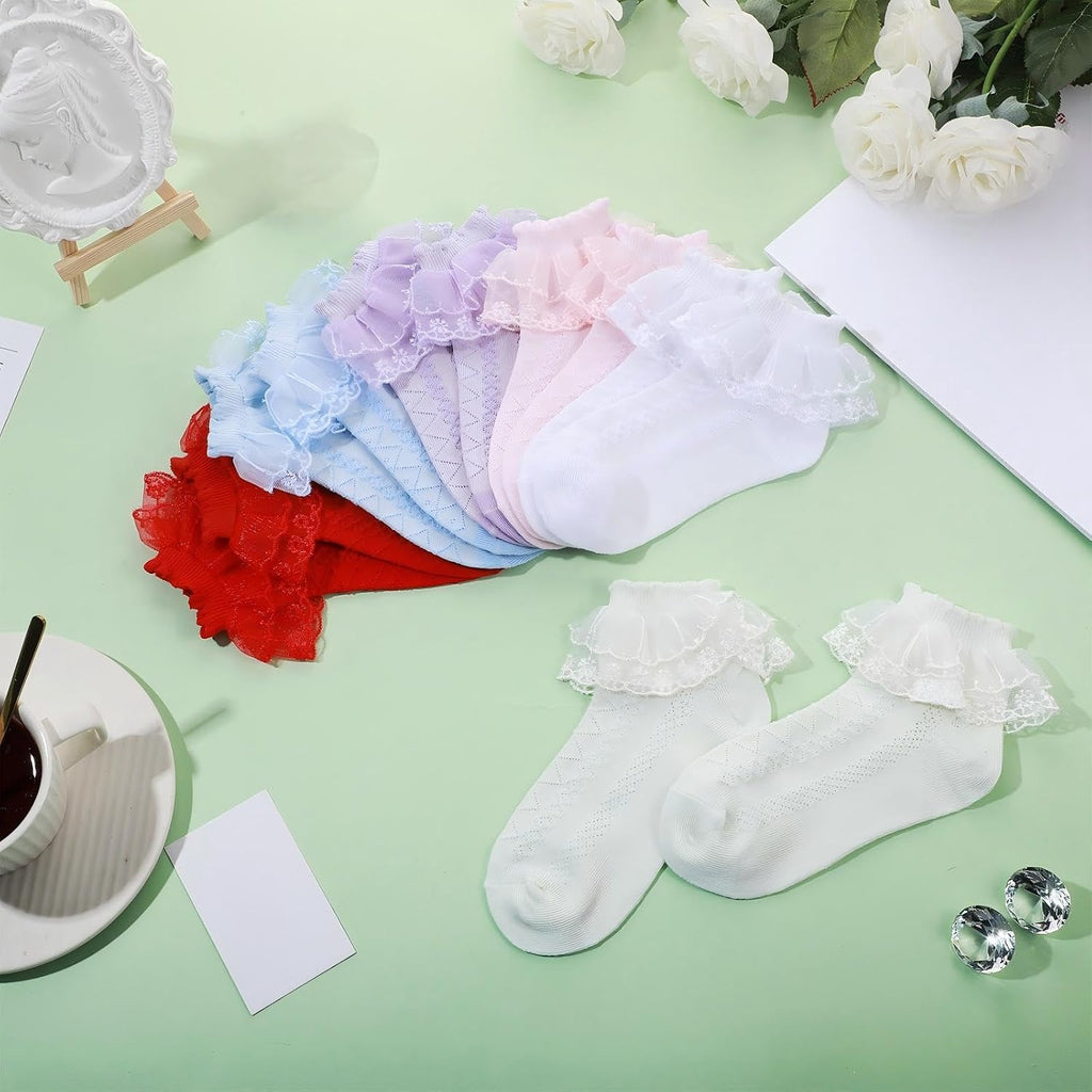 8 Pairs Toddler Girls Dress Socks - Baby Ruffle Cute Frilly Lace Cotton Teen Girl