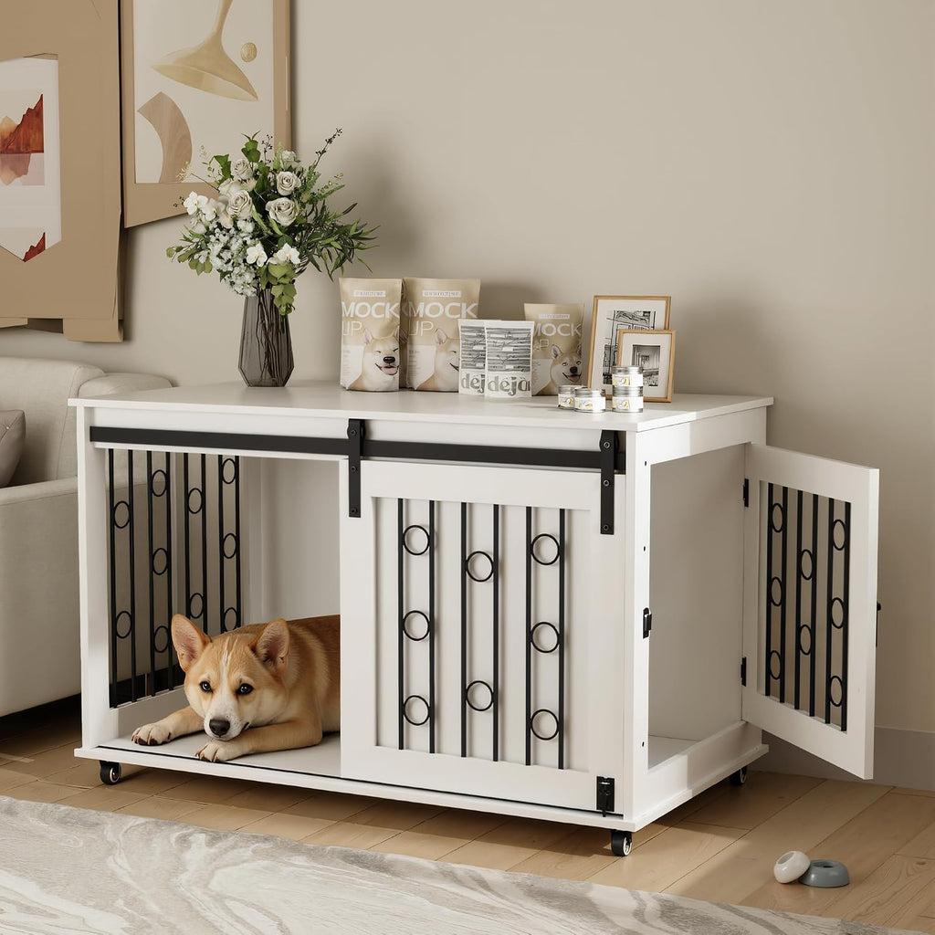Dog Crate Furniture with Sliding Barn Door & Side Door, 39" Wooden Dog Kennel End Table for Small Medium Dogs, Indoor