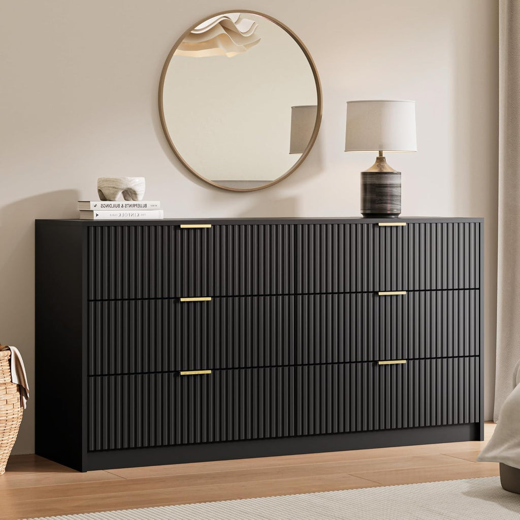 55" Wide Fluted 6-Drawer Double Dresser, Black