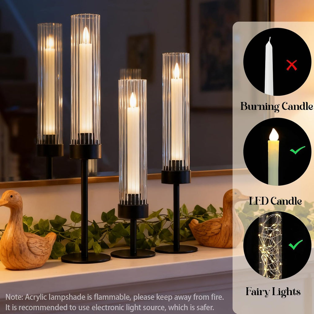 Metal & Acrylic Taper Candle Holders with Ribbed Design - Hurricane Clear Cylinder Candelabra, Dining Table