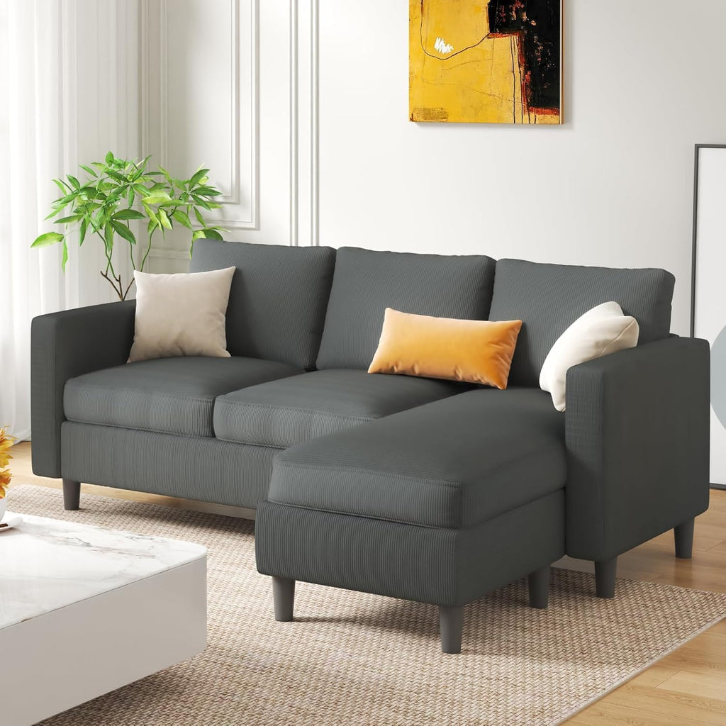 3-Seat Reversible Sectional Sofa with Ottoman, Small Couch, Grey
