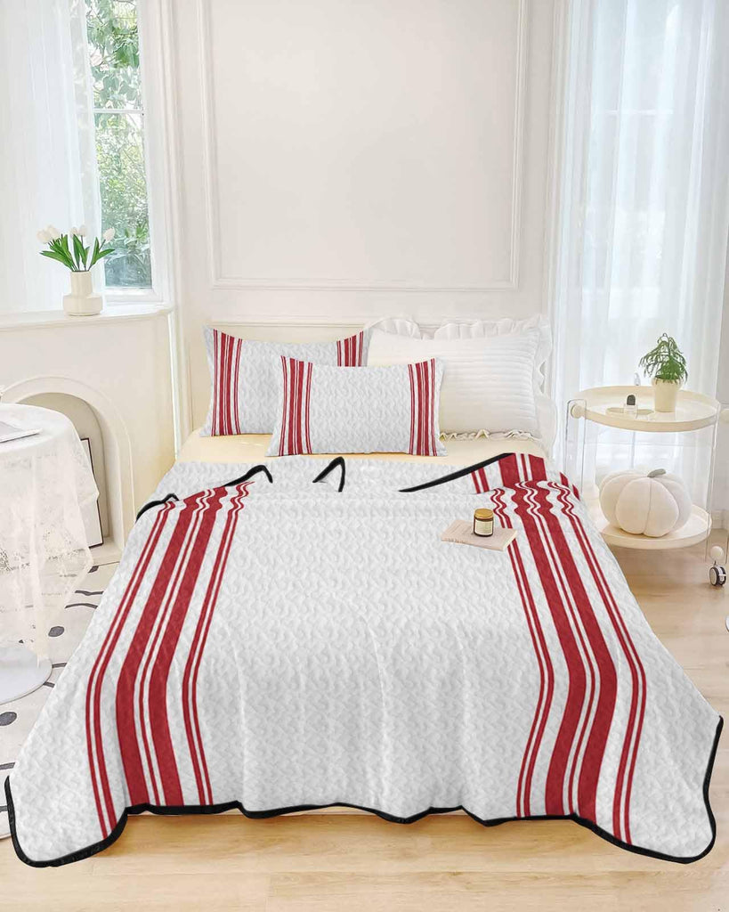 Quilt Sets Queen Size Red Ticking Vertically Stripe Comforter Set Lightweight Soft Bedspread Coverlet Simple Style