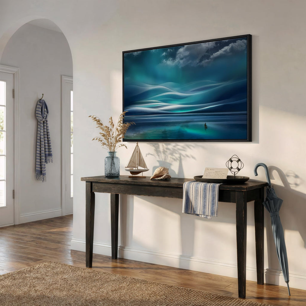 Black Framed Coastal Sailboat Canvas Wall Art, Teal Ocean Landscape Prints Paintings Artwork for Walls, Nautical Wall