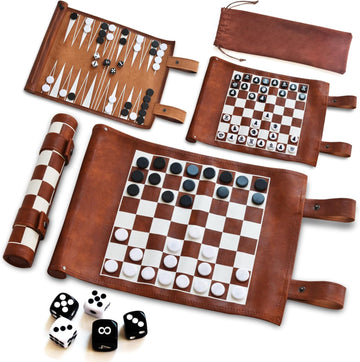 Chess, Checkers, and Backgammon Set 3 in 1 - Roll-up Leather Board Games, Portable and Lightweight with Drawstring