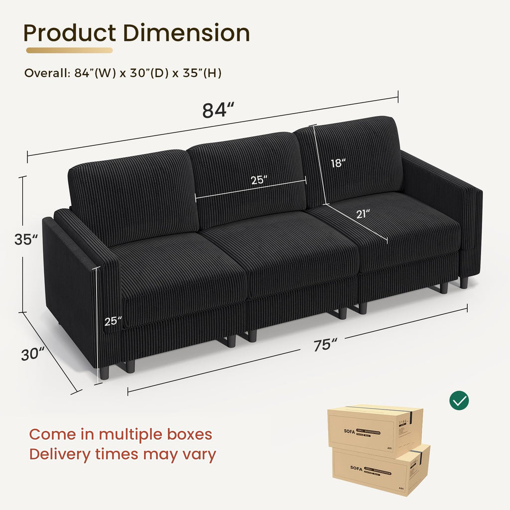 3 Seat 83'' Sofa Couch - Modular Sectional Small Couch with Storage Ottoman, Convertible L Shaped, Modern Reversible