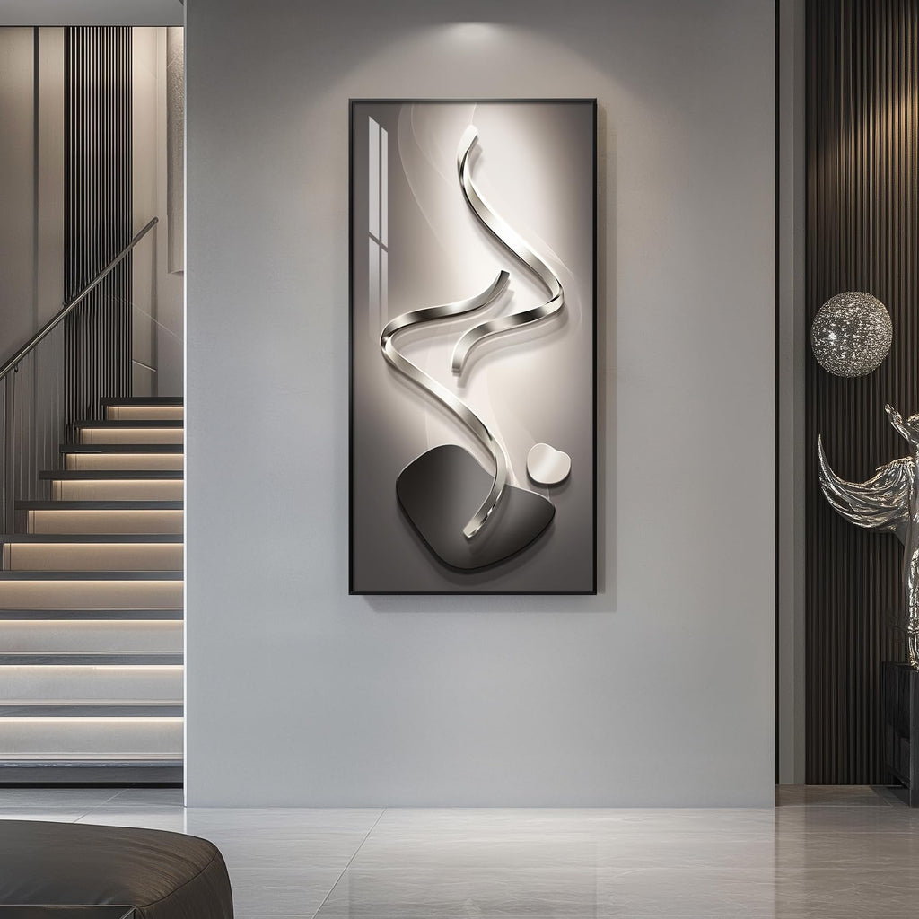 Large Framed Black Gray Abstract Wall Art, Vertical 30x60