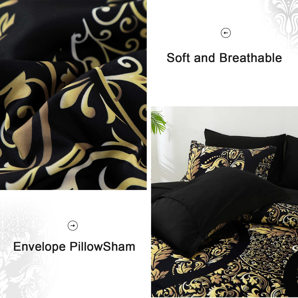 Black Gold Comforter Set King Size, 7 Pieces Bohemian Damask Comforter Set Soft Lightweight Microfiber Bedding Set