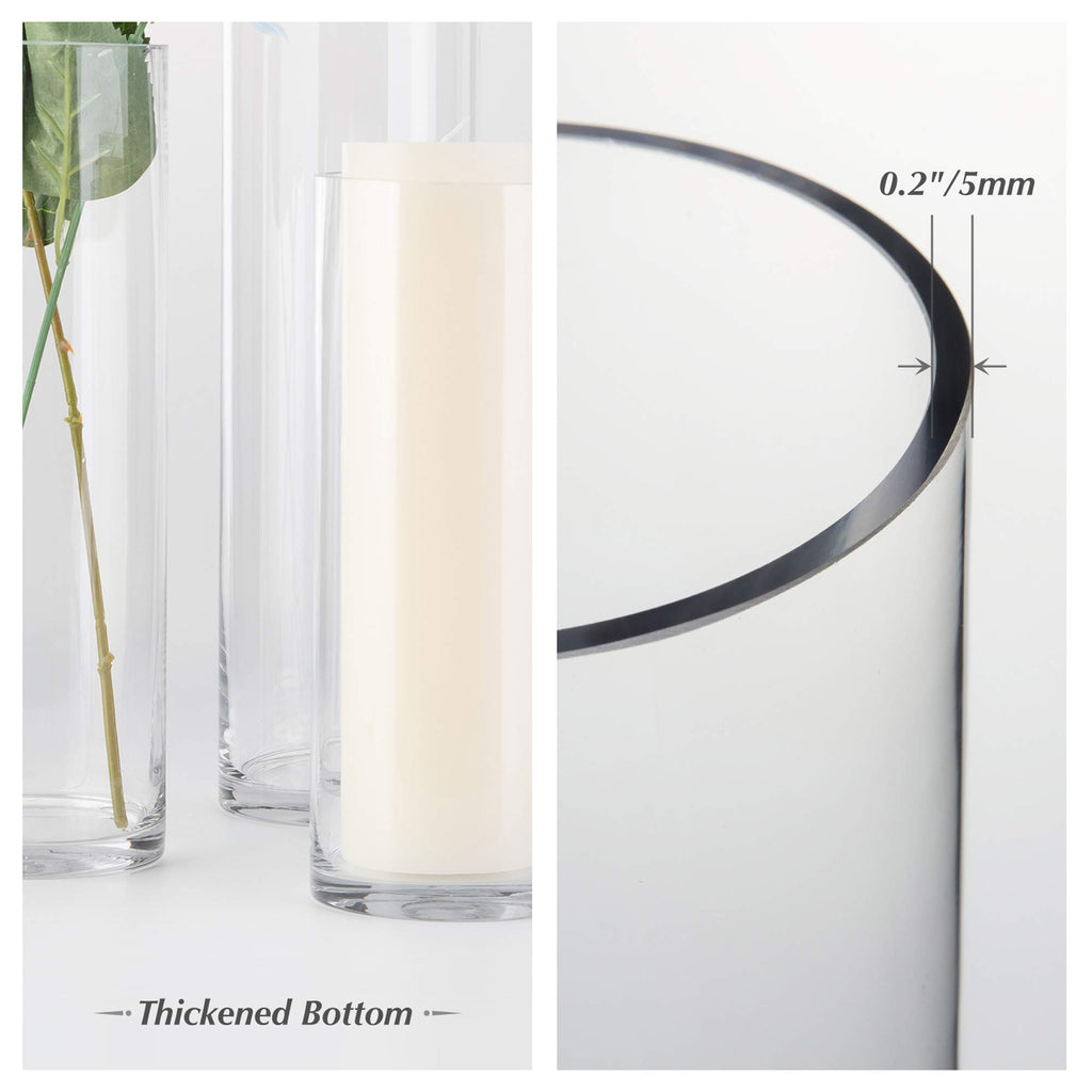 Quality Thick Clear Cylinder Glass Vases, 3" W x 8" H, Bud Vase Skinny Narrow Floral Bouquet Flower Container for