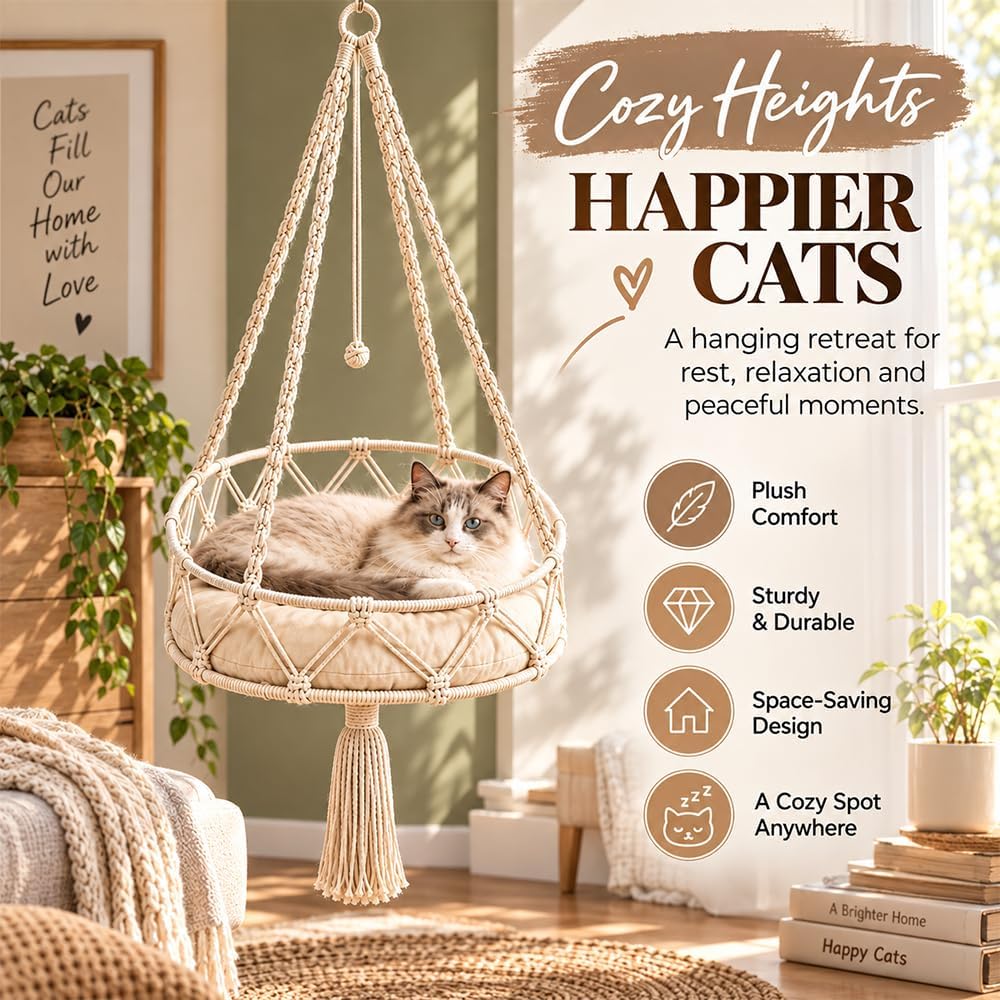 Boho Hanging Cat Bed, Macrame Cat Hammock Basket with Cushion Hook.