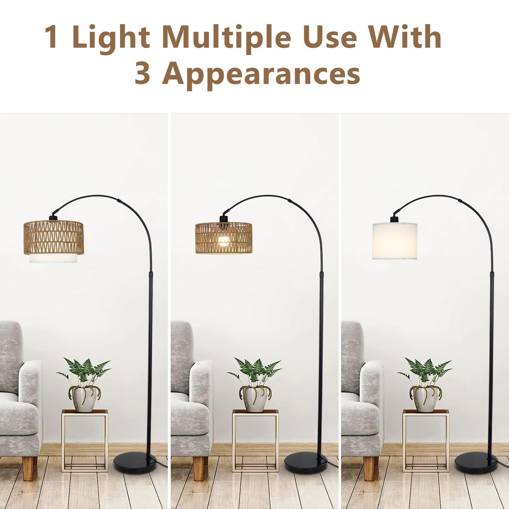 Arc Floor Lamp with Remote, Modern LED Floor Lamp with Dimmable Bulb, Boho Farmhouse Standing lamp with Fabric &