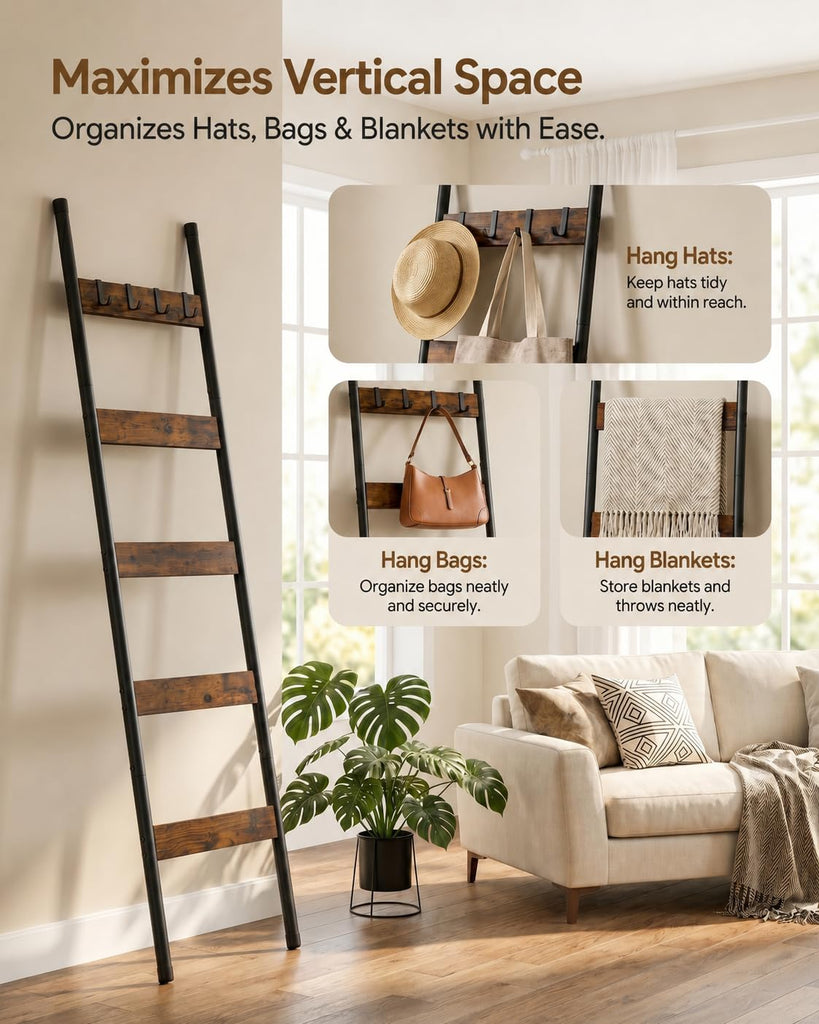 Blanket Ladder, 5-Tier Towel Rack with Hooks, Wall-Leaning Blanket Rack, Decorative Display Ladder Shelf, for