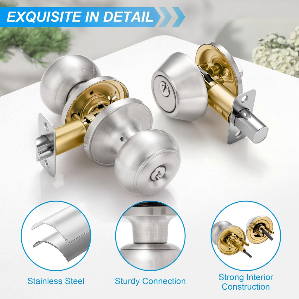 5 Pack Entry Door Lock and Single Cylinder Deadbolt Combo Set, Keyed Alike Satin Nickel Exterior Door Knobs with