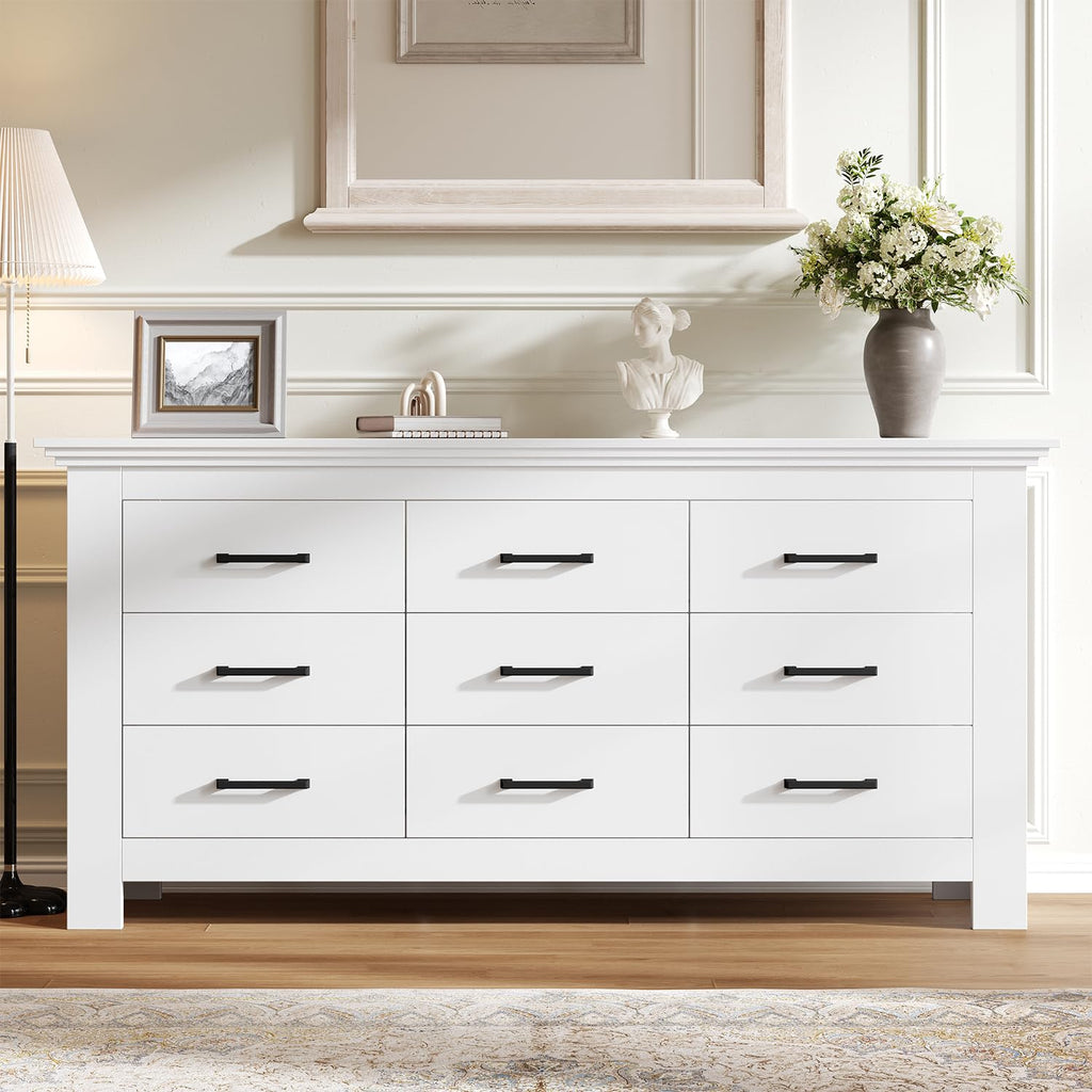 9 Drawer, Wood Chests of Drawers with Metal Handle, Triple Wide Dressers, Vintage Design Storage Chest Cabinet and