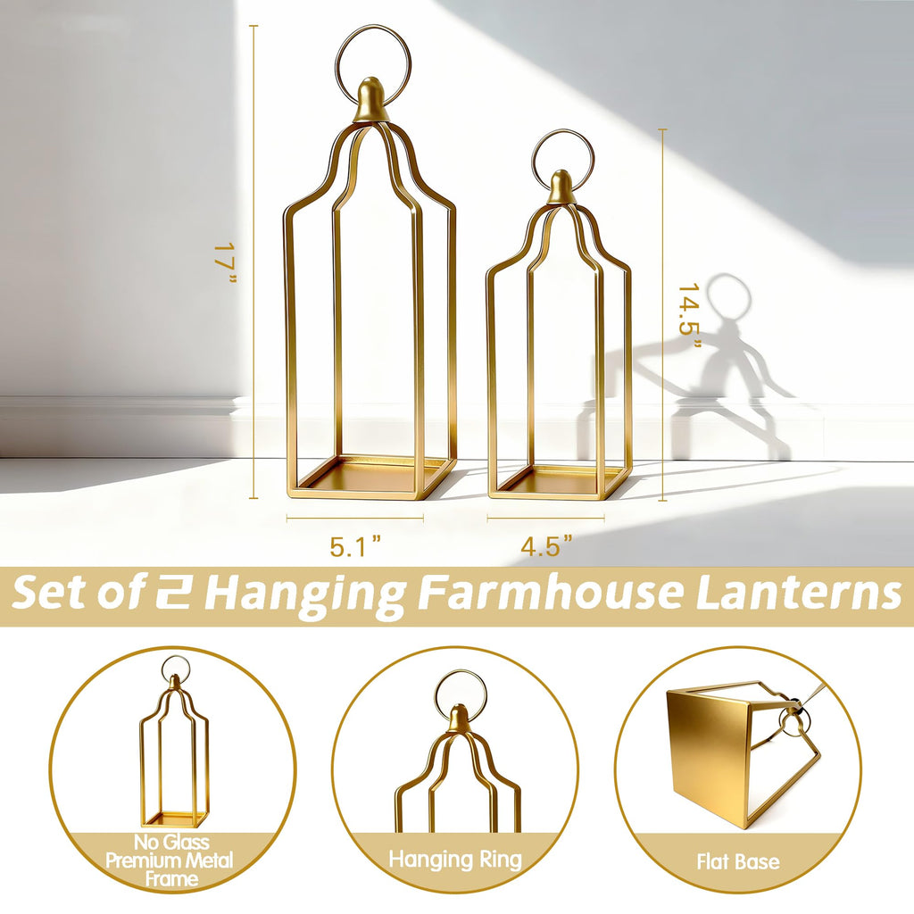 Rustic Farmhouse Decor Metal Lantern Set of 2 Decorative Lanterns Indoor Outdoor Living Room, Fireplace, Patio