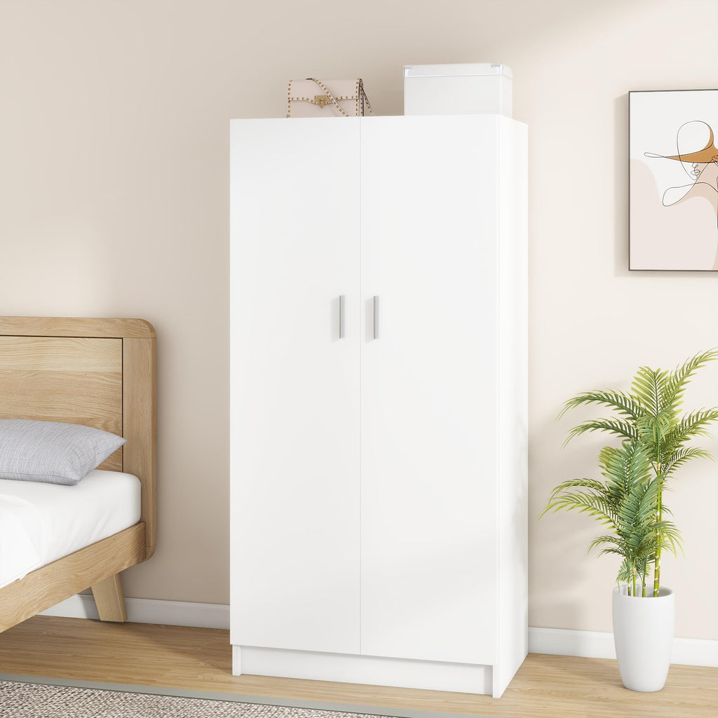 2 Door Wood Wardrobe Closet with Hanging Rail and 2 Shelves, Bedroom Armoire for Clothes Storage, 19.7" D x 30.7" W x