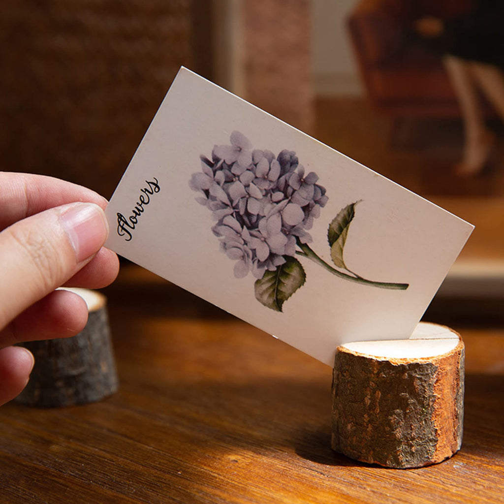 50 Pieces Wooden Place Card Holders with 50 Kraft Paper Cards, Rustic Wood Table Number Stands, Photo Holder for