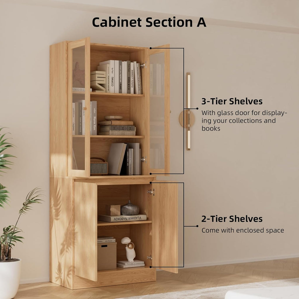 Tall Bookcase with Glass Doors and Drawers,71'' Wooden Bookshelf with Storage,Display Cabinet ,Set of 2 (A+B)
