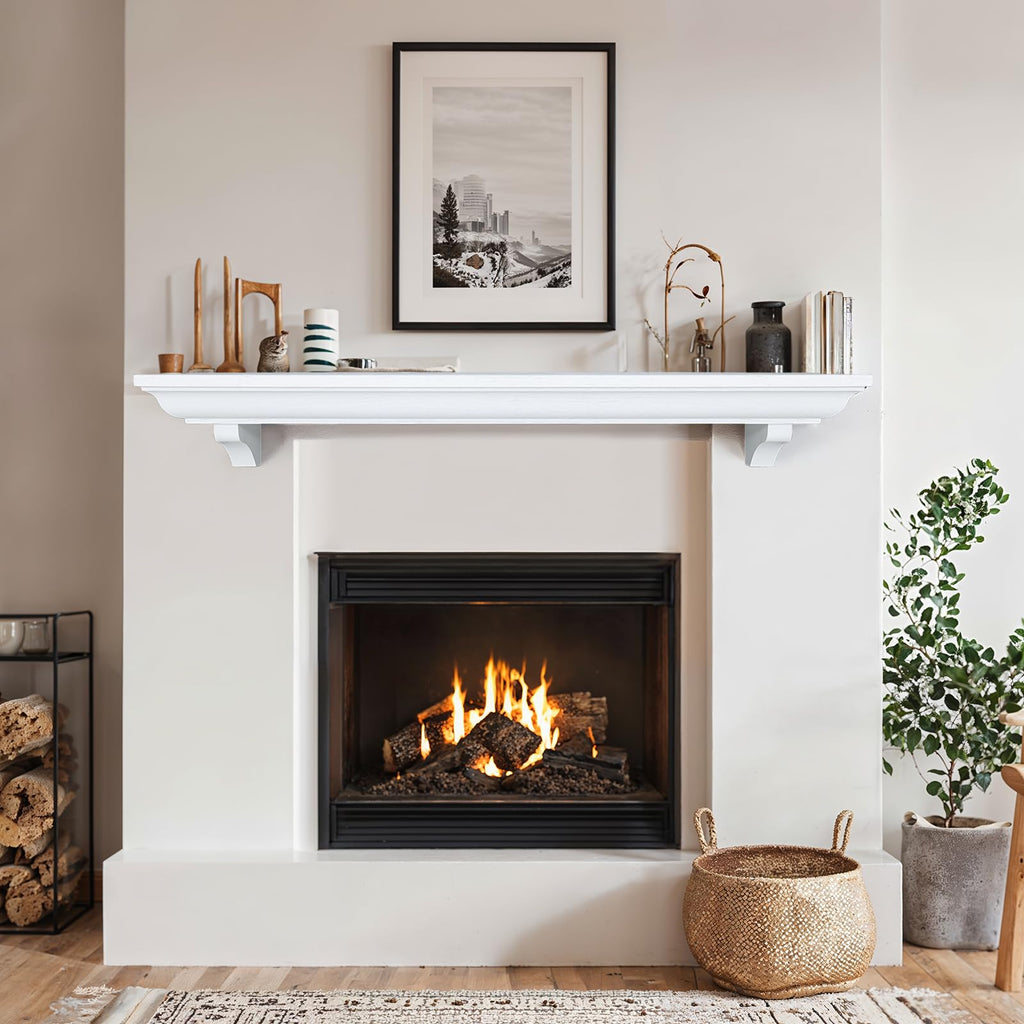 54 Inch Fireplace Mantel Shelf with Corbels, Rustic Floating Shelf, White