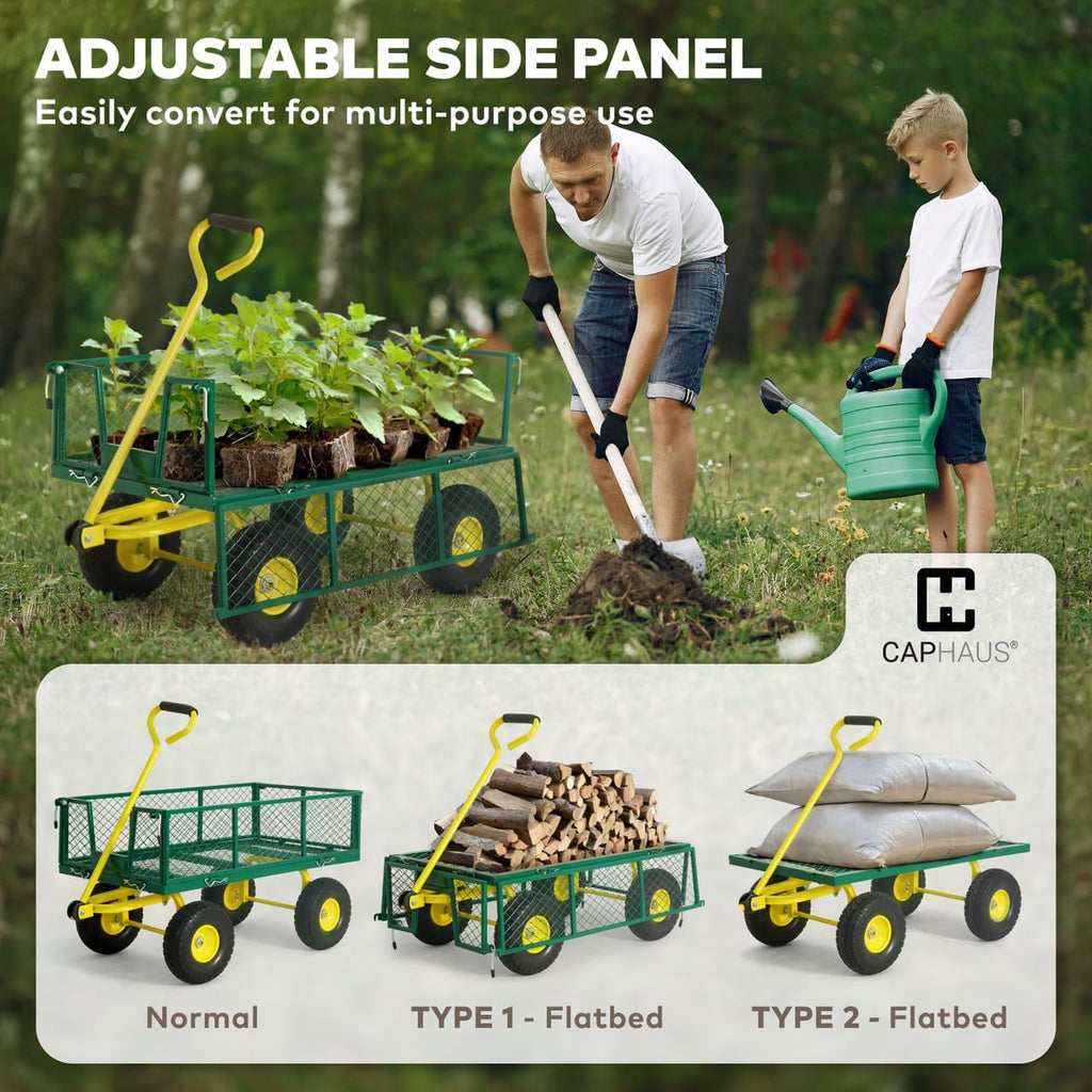 Metal Green Garden Cart, w/ 180° Adjustable Yellow Handle, w/Mat and Strap, Heavy Duty 880 lbs Capacity, w/ 10"