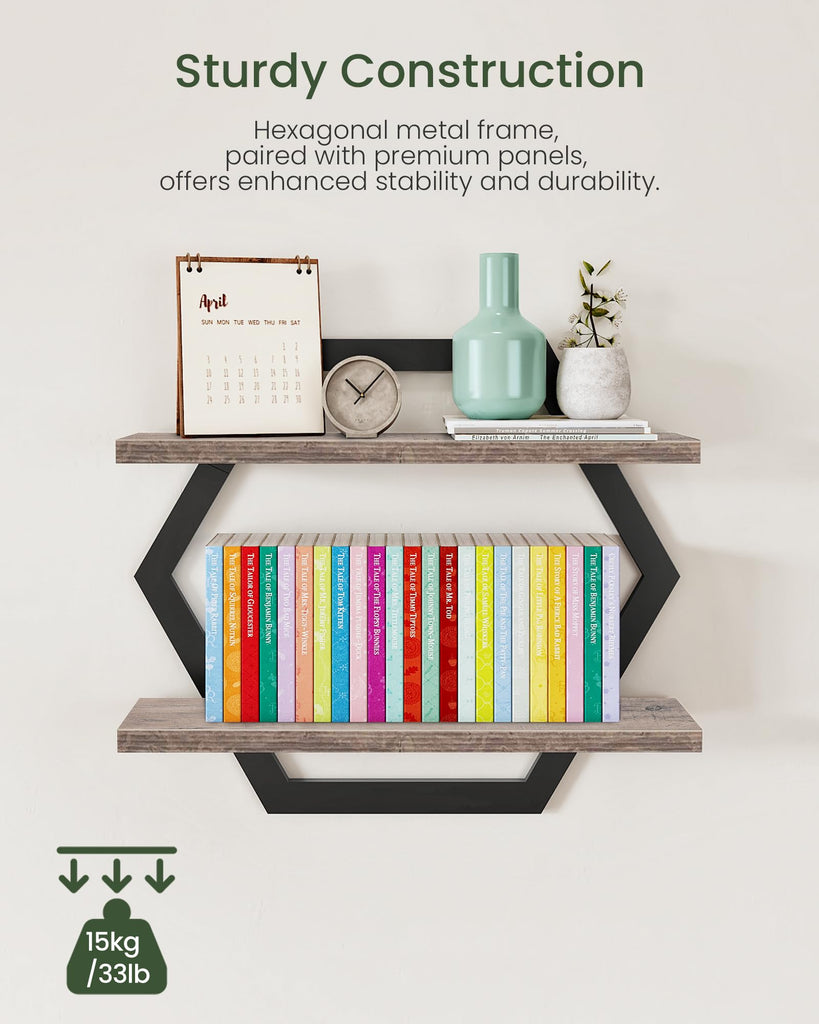 Hexagon Floating Shelves for Wall, Set of 2, 2 -Tier Hanging Shelves, Wall Mounted Storage Shelves, Study, Greige