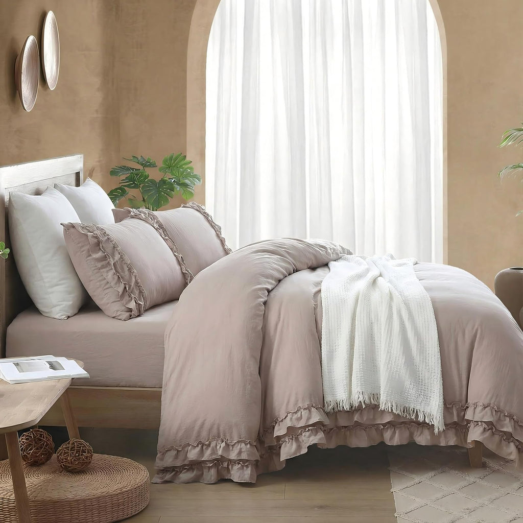 Taupe King Comforter Shabby Chic Ruffled Bedding Set Taupe Ruffle Fringe Farmhouse Bedding Super Soft Fluffy Boho