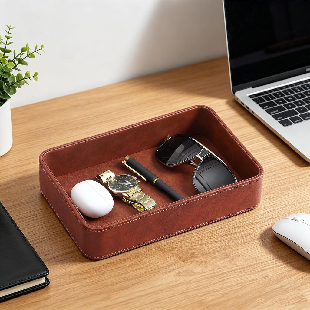 Valet Tray for Men, PU Leather Catchall Tray Nightstand Organizer