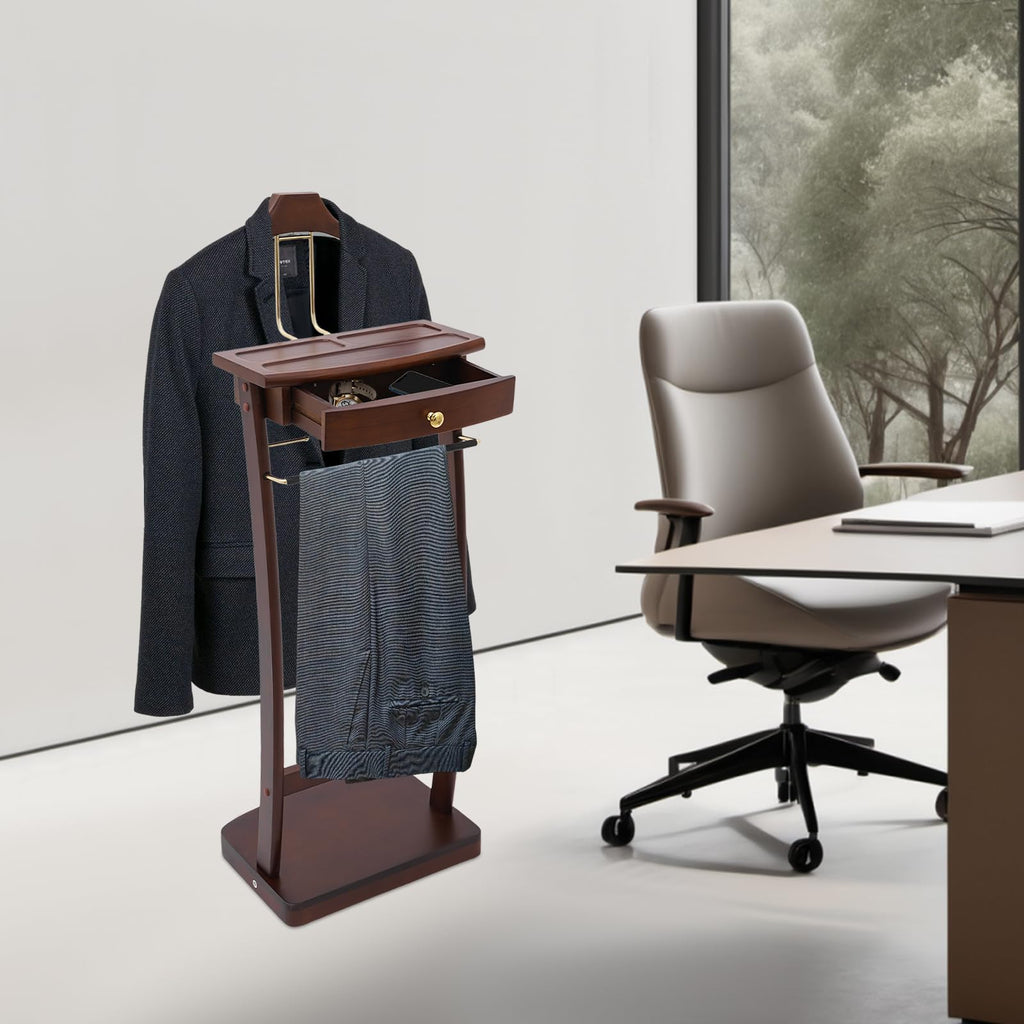 Wooden Freestanding Clothes Stand with Sturdy Base, Multi-functional Suit Valet Stand, Coat Rack with Top Drawer, Tie