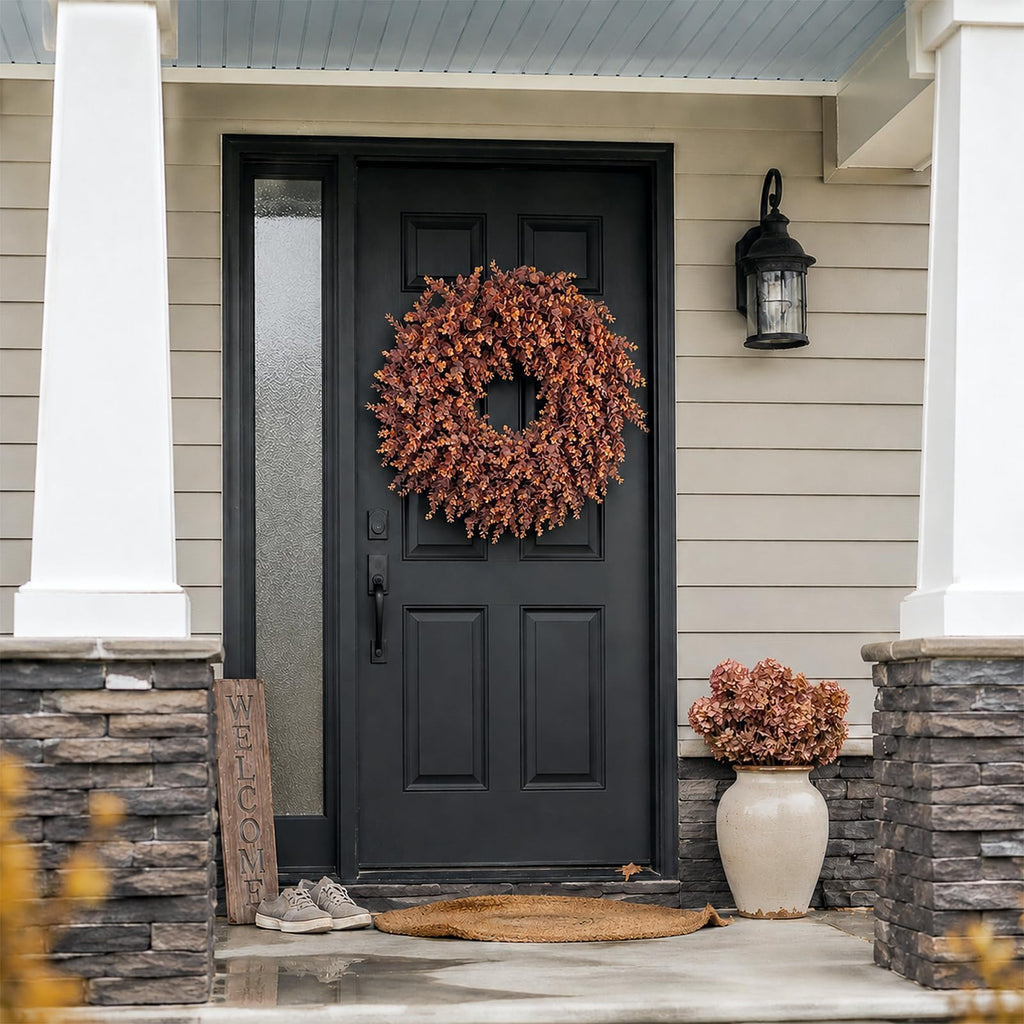 24" Lifelike Touch Fake Fall Eucalyptus Wreath for Front Door (Dark Orange)