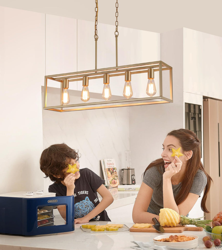 Gold Rectangle Kitchen Island Lights Rectangular Modern Industrial Chandelier 5 Lights Linear Vintage Cage Light