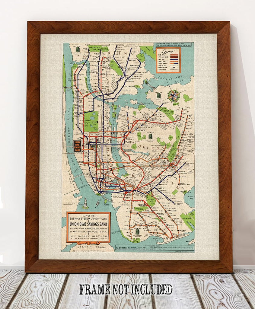 Vintage 1948 New York Subway Map 18x24 Stretched Canvas Poster - Classic NYC Transit Map Reproduction, Retro 1940s