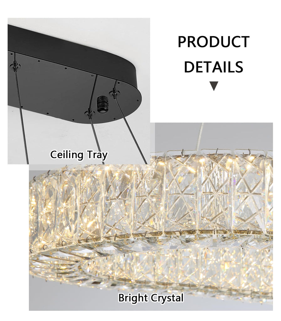 Modern Oval Crystal Chandelier Dimmable LED Chandeliers Rectangular Pendant Light Fixture with Remote Kitchen Island